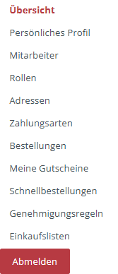 Online Shop B2B Konto Funktionen Menü