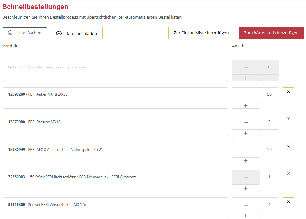 Online Shop B2B Konto Schnellbestellungen Liste